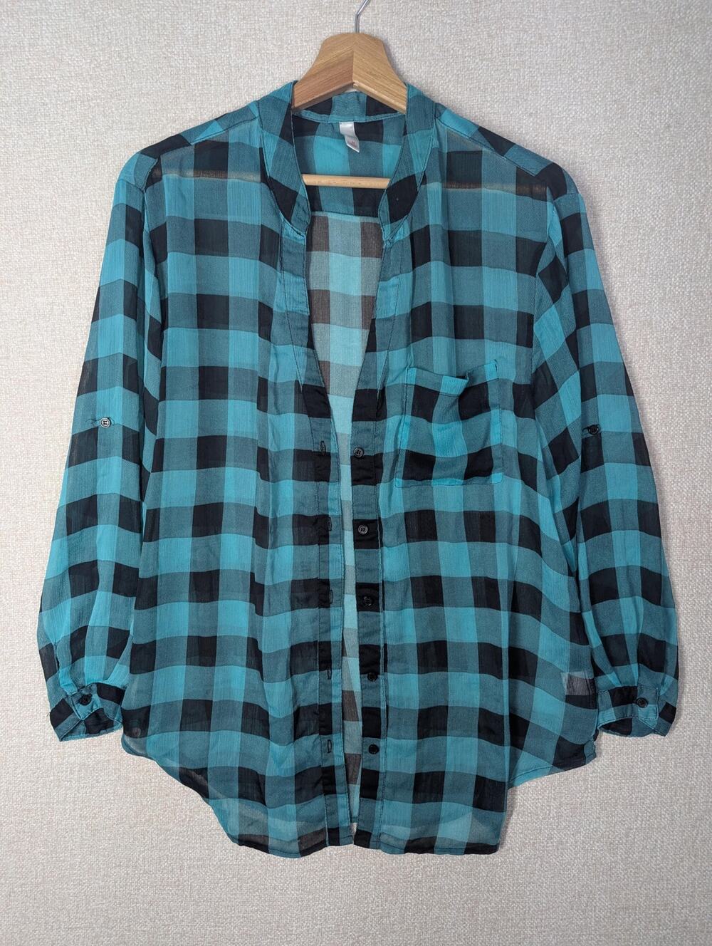 Coastal Cowgirl Turquoise Plaid Button-Up | Flowy Sheer Oversized Top